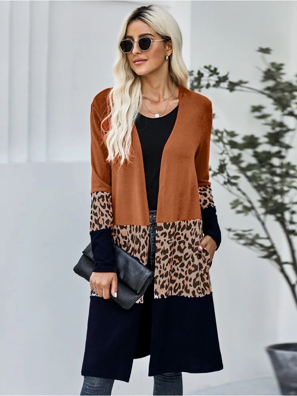 Leopard Block Longline Cardigan - Rust/Black